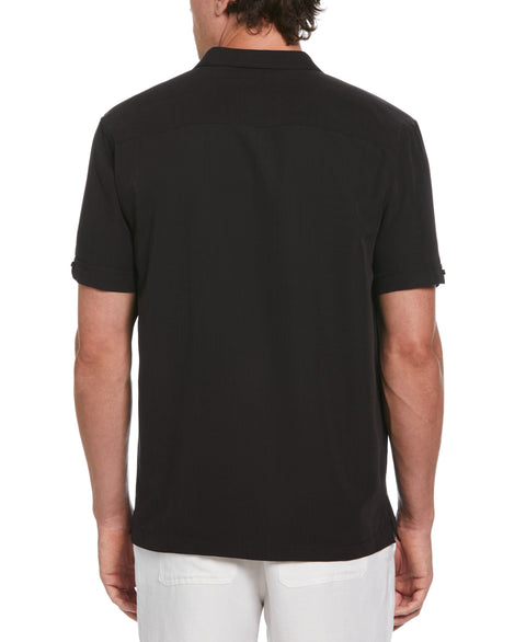 Short Sleeve Embroidered Double Tuck Shirt (Jet Black) 