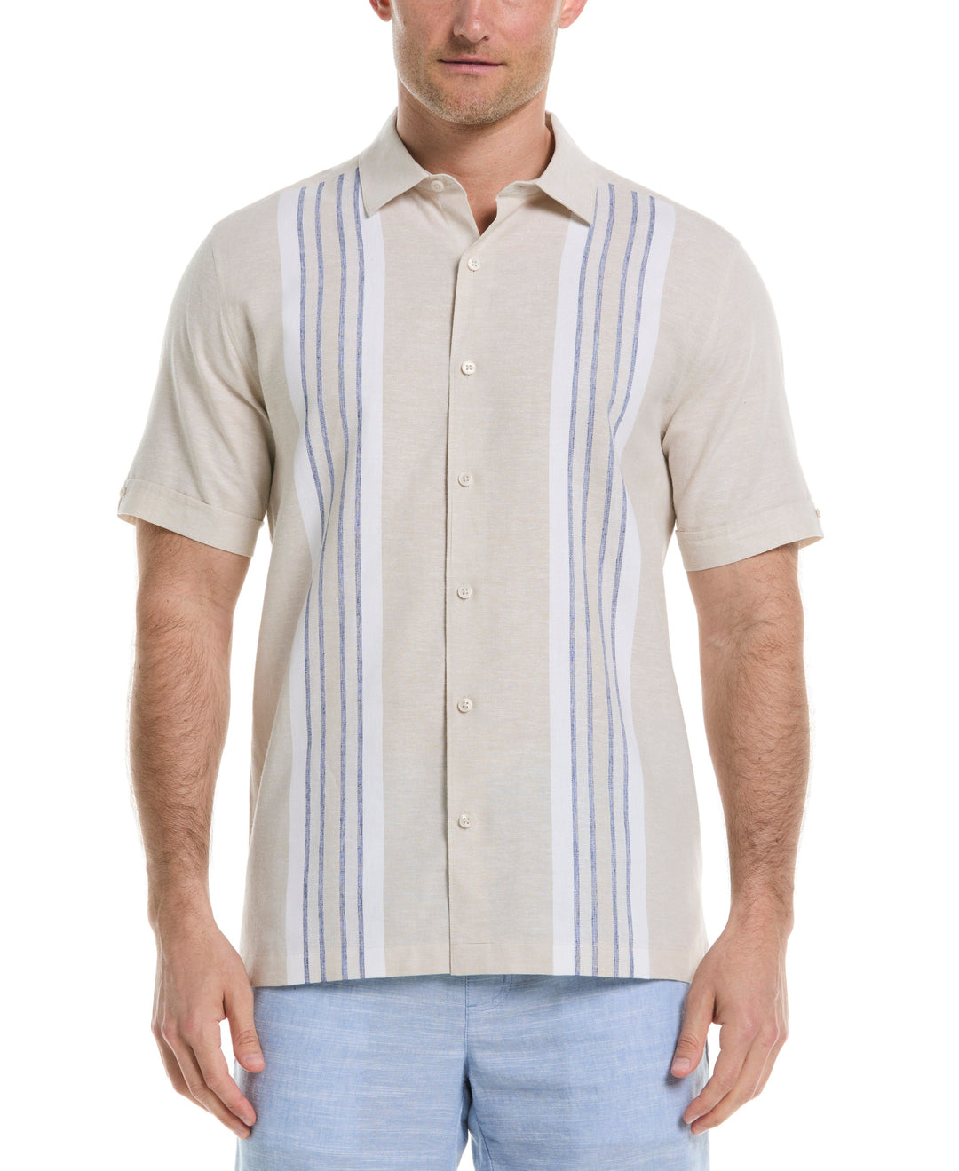 Linen Blend Engineered Y/D Panel Shirt (Egret) 