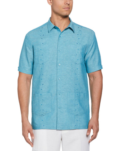 Fashion Four Pocket Linen-Blend Guayabera Shirt (Crystal Teal) 