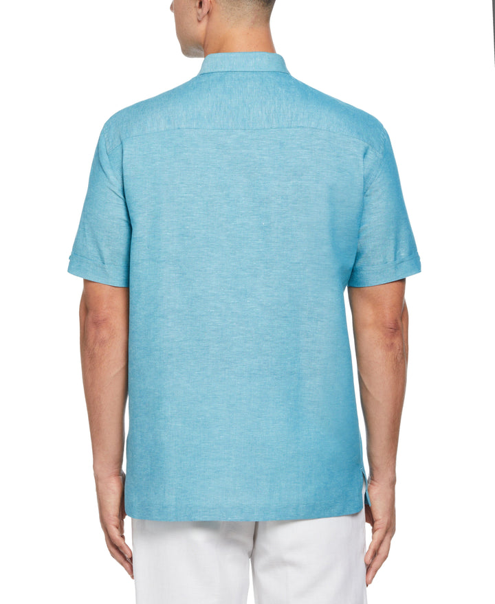 Fashion Four Pocket Linen-Blend Guayabera Shirt (Crystal Teal) 