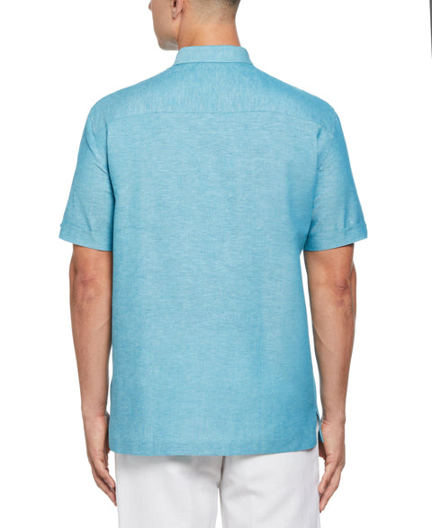 Fashion Four Pocket Linen-Blend Guayabera Shirt (Crystal Teal) 