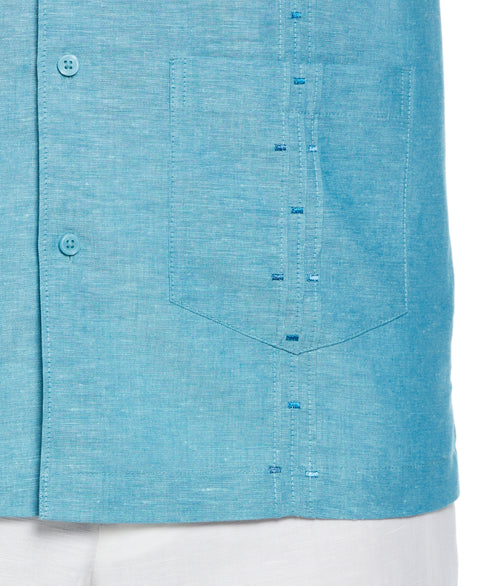 Fashion Four Pocket Linen-Blend Guayabera Shirt (Crystal Teal) 