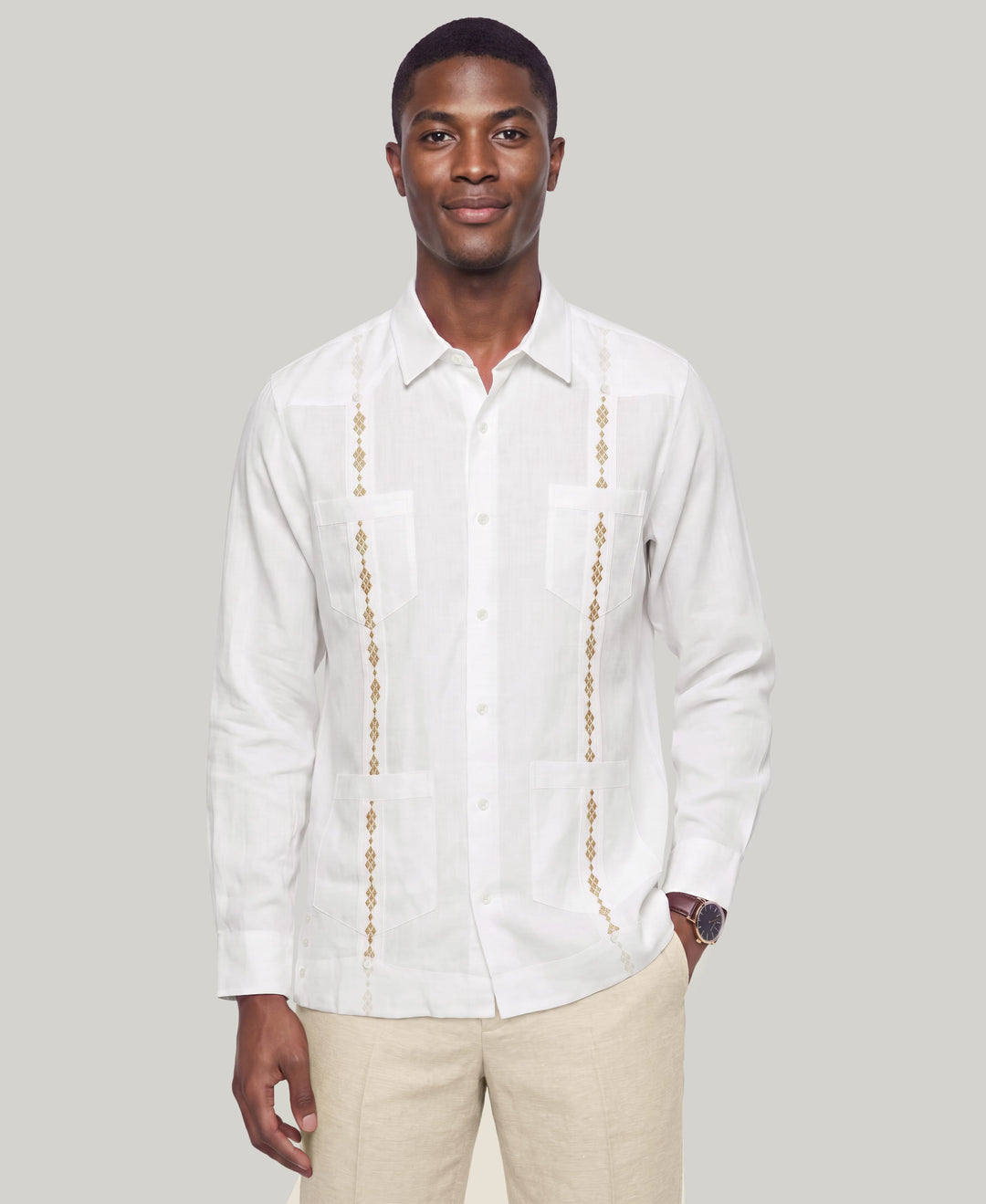 GEO EMBROIDERED GUAYABERA (Brill Whit/Island Fossil) 