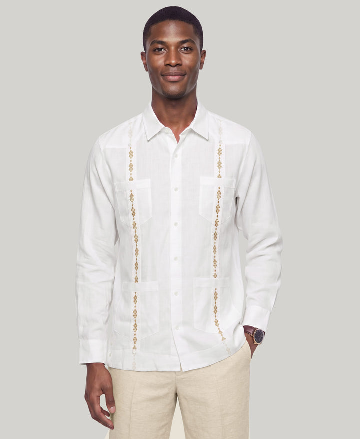 GEO EMBROIDERED GUAYABERA (Brill Whit/Island Fossil) 