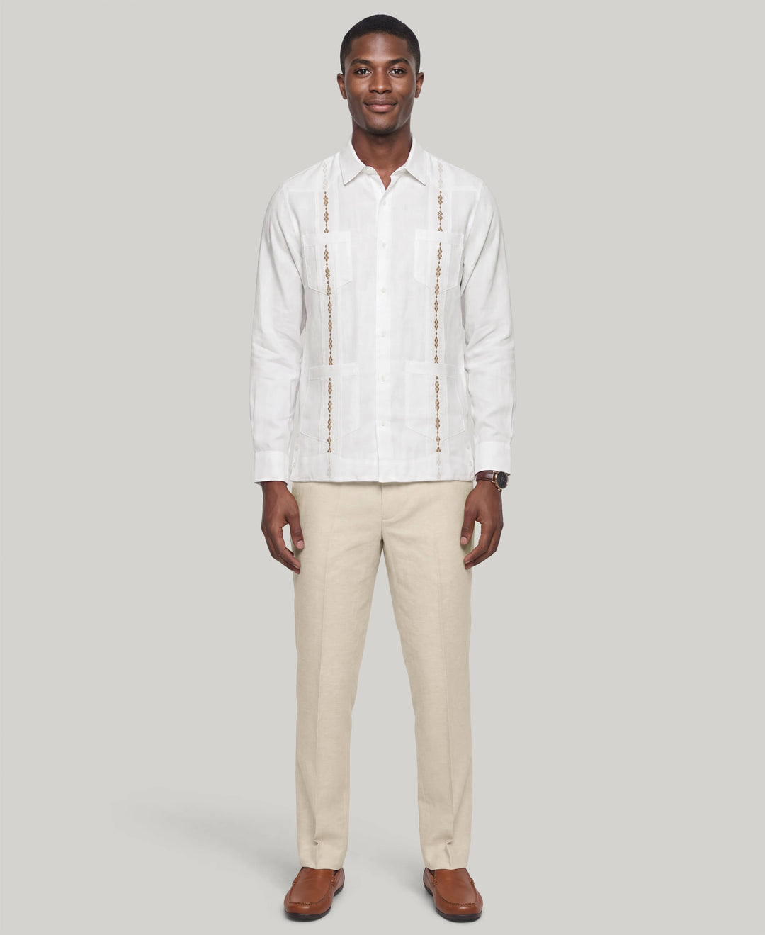 GEO EMBROIDERED GUAYABERA (Brill Whit/Island Fossil) 