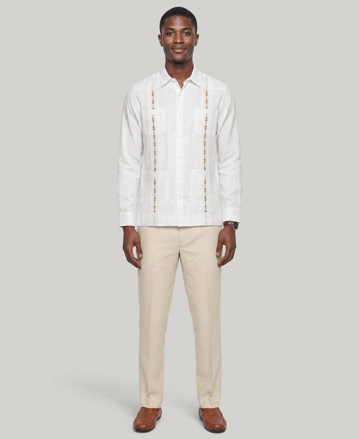 GEO EMBROIDERED GUAYABERA (Brill Whit/Island Fossil) 