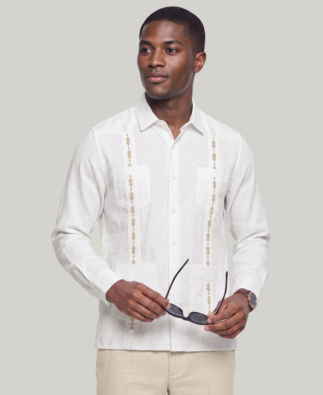GEO EMBROIDERED GUAYABERA (Brill Whit/Island Fossil) 