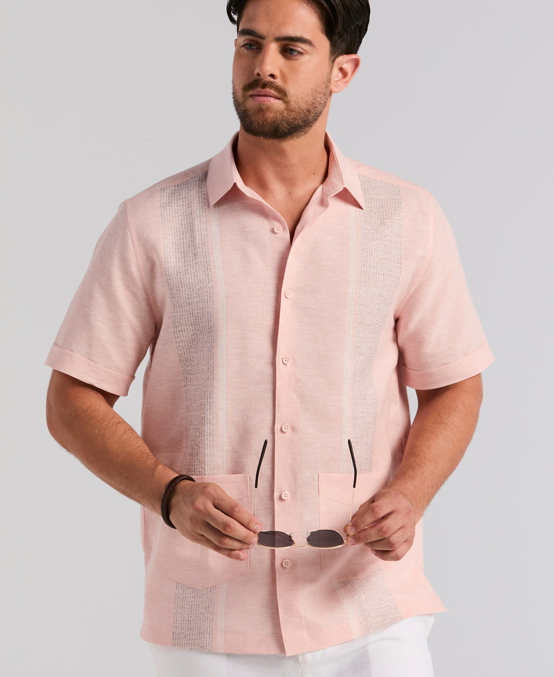 Linen Blend 2-Pocket Guayabera Shirt (Peach Beige) 