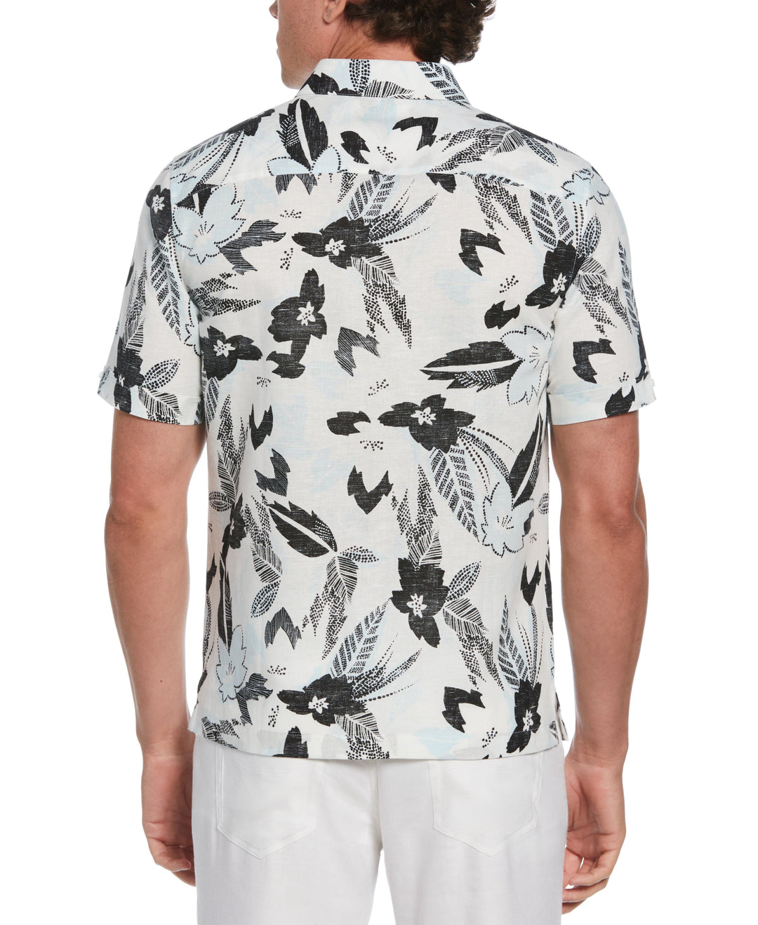Linen Blend Abstract Floral Print Shirt (Brilliant White) 