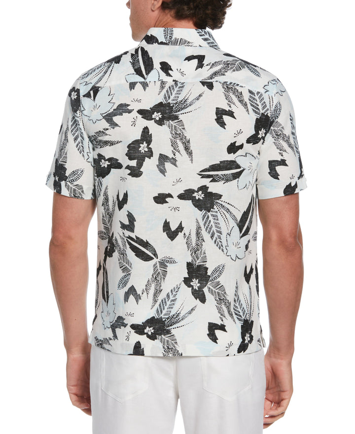 Linen Blend Abstract Floral Print Shirt (Brilliant White) 