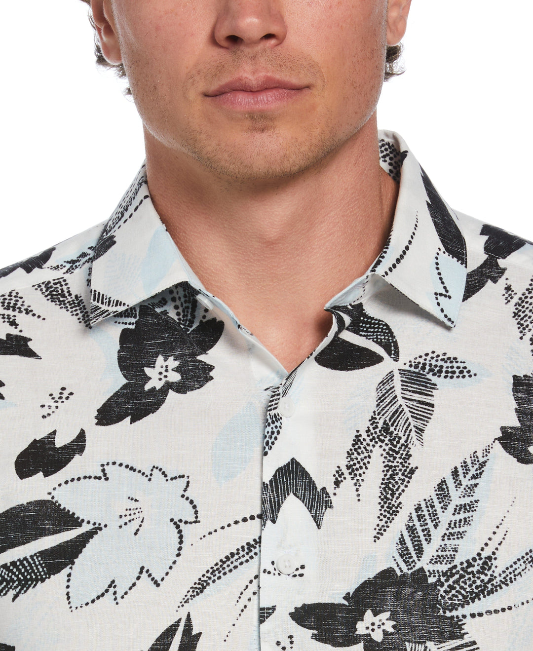 Linen Blend Abstract Floral Print Shirt (Brilliant White) 