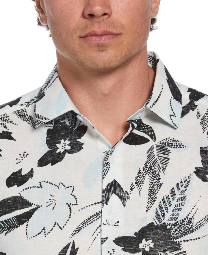 Linen Blend Abstract Floral Print Shirt (Brilliant White) 