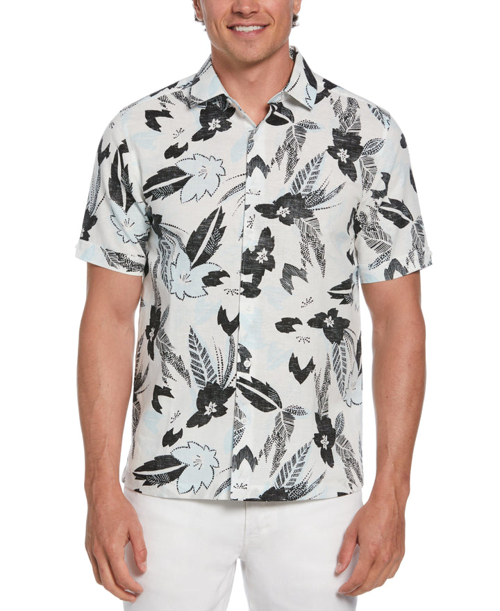 Linen Blend Abstract Floral Print Shirt (Brilliant White) 