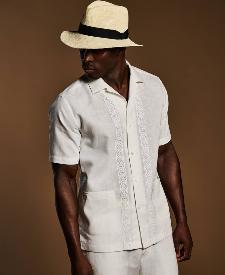 Linen-Blend Applique Panel Guayabera Shirt--Cubavera