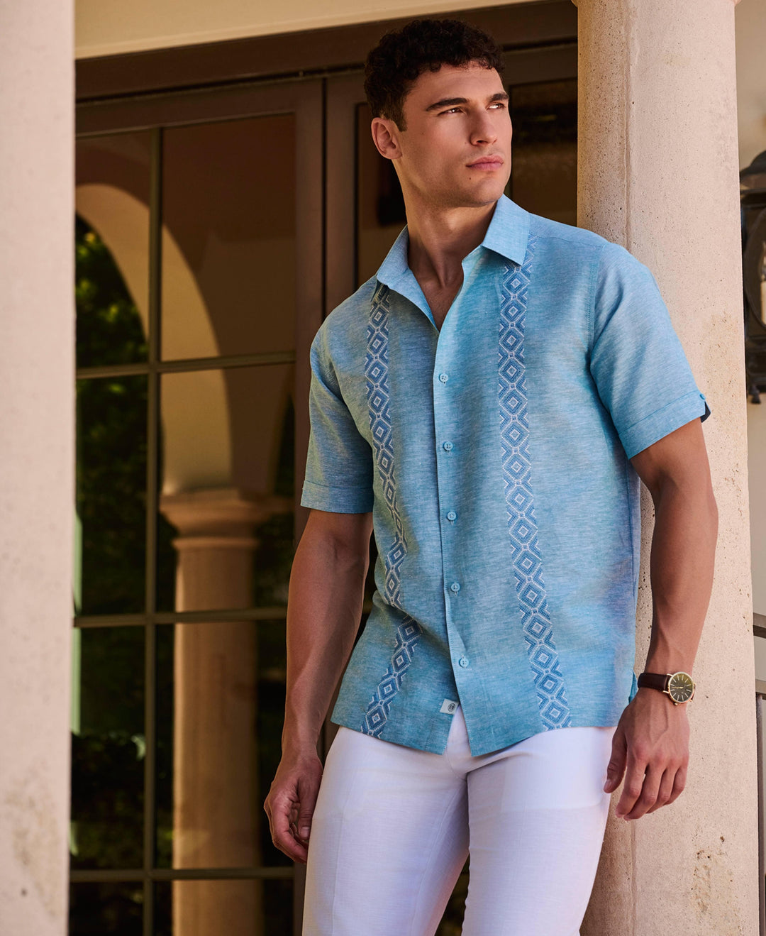 Linen Blend Argyle Embroidered Chambray Shirt-Casual Shirts-Cubavera