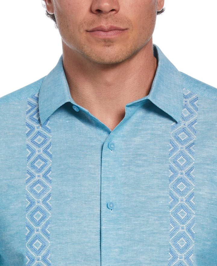 Linen Blend Argyle Embroidered Chambray Shirt (Barrier Reef) 