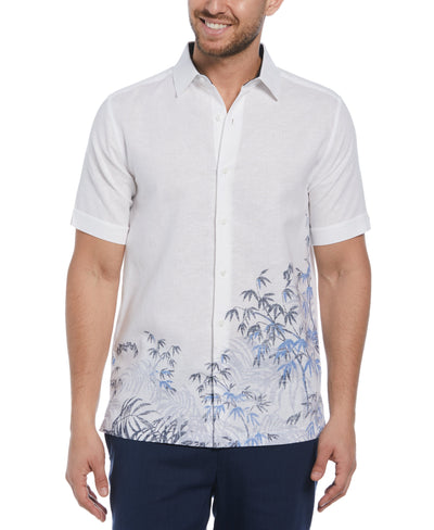Linen Blend Asymmetric Reverse Bamboo Leaf Print Shirt (Brilliant White) 