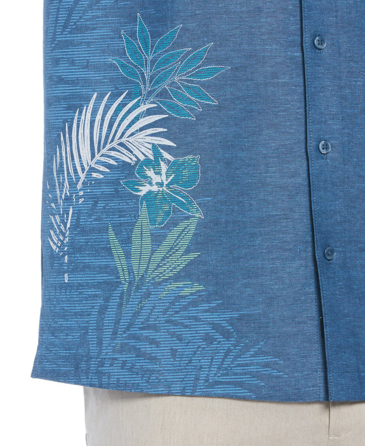 Linen Blend Asymmetrical Tropical Leaf Print Shirt (Titan) 