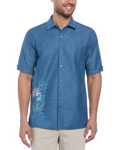 Linen Blend Asymmetrical Tropical Leaf Print Shirt (Titan) 