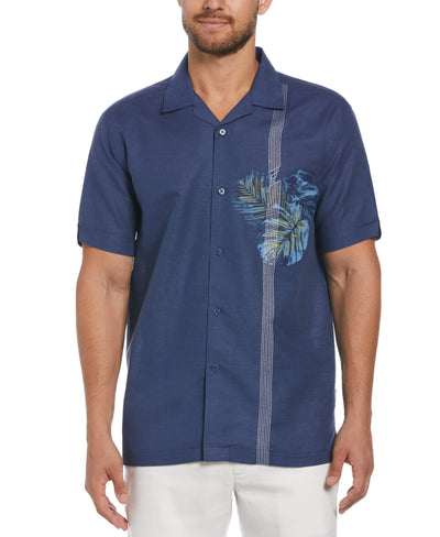 Linen Blend Asymmetrical Tropical Print Cuban Collar Shirt (Oceana) 