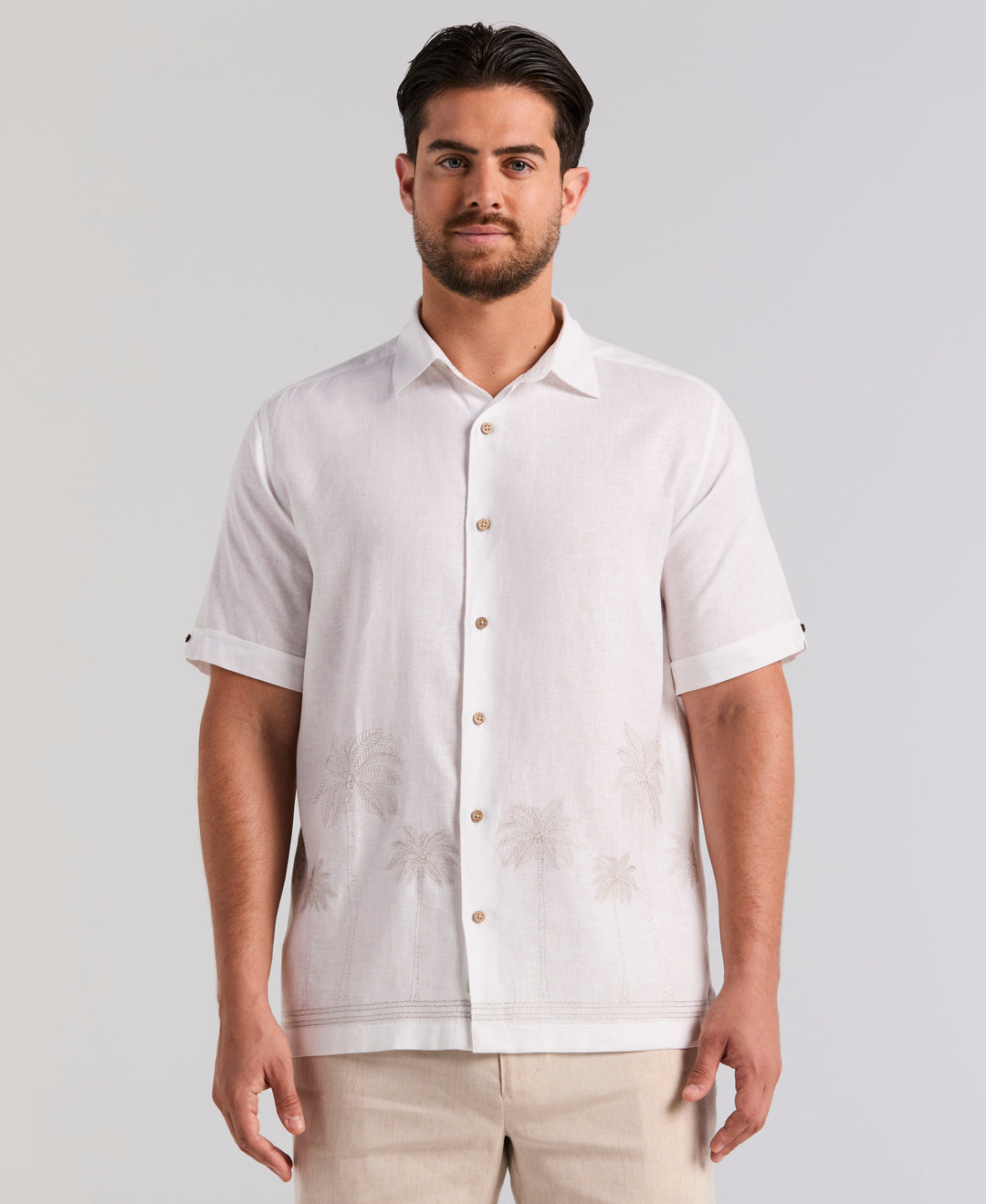 Linen Blend Border Palm Embroidered Shirt (Brilliant White) 