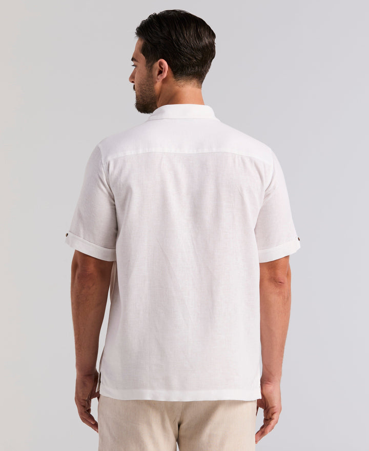 Linen Blend Border Palm Embroidered Shirt (Brilliant White) 