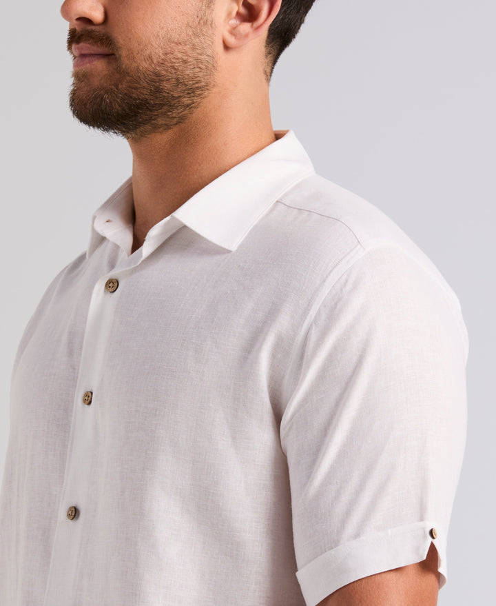Linen Blend Border Palm Embroidered Shirt (Brilliant White) 