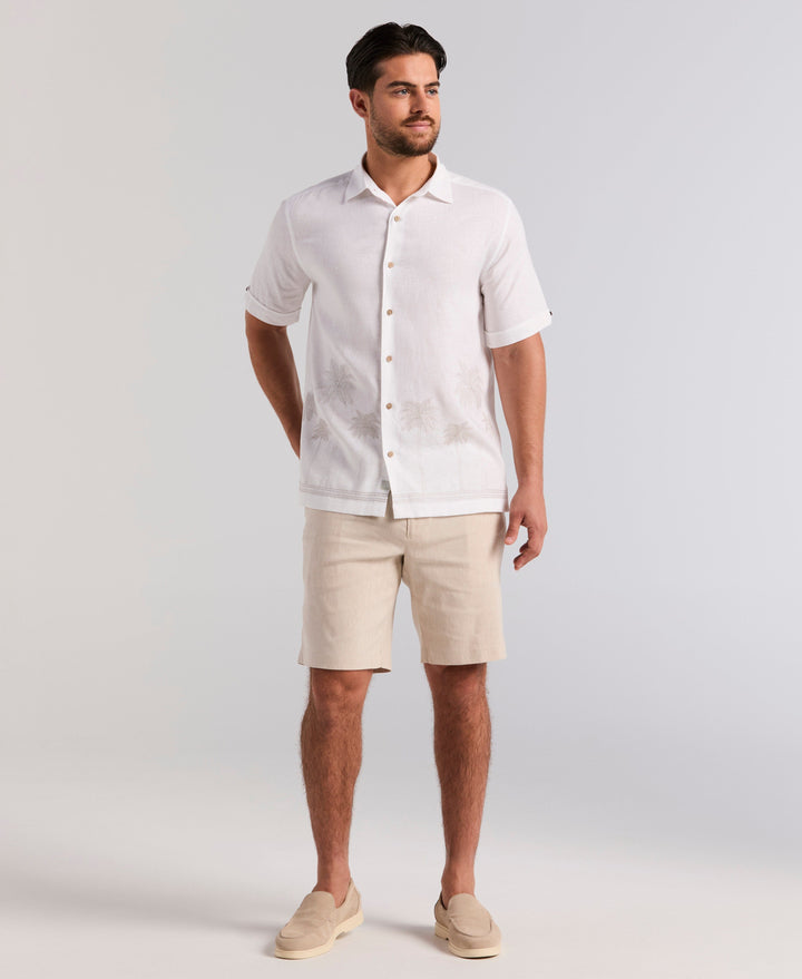 Linen Blend Border Palm Embroidered Shirt (Brilliant White) 