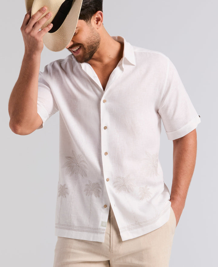 Linen Blend Border Palm Embroidered Shirt (Brilliant White) 