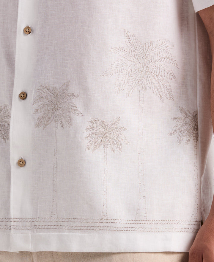 Linen Blend Border Palm Embroidered Shirt (Brilliant White) 