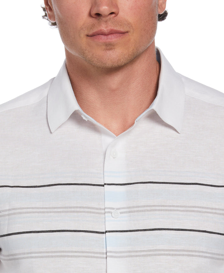 Linen Blend Chest Stripe Print Shirt (Brilliant White) 