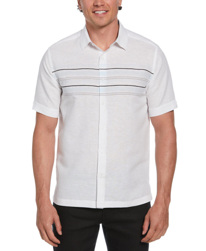 Linen Blend Chest Stripe Print Shirt (Brilliant White) 