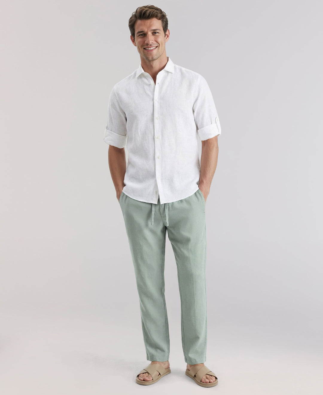 Linen Blend Drawstring Pant (Green Milieu) 