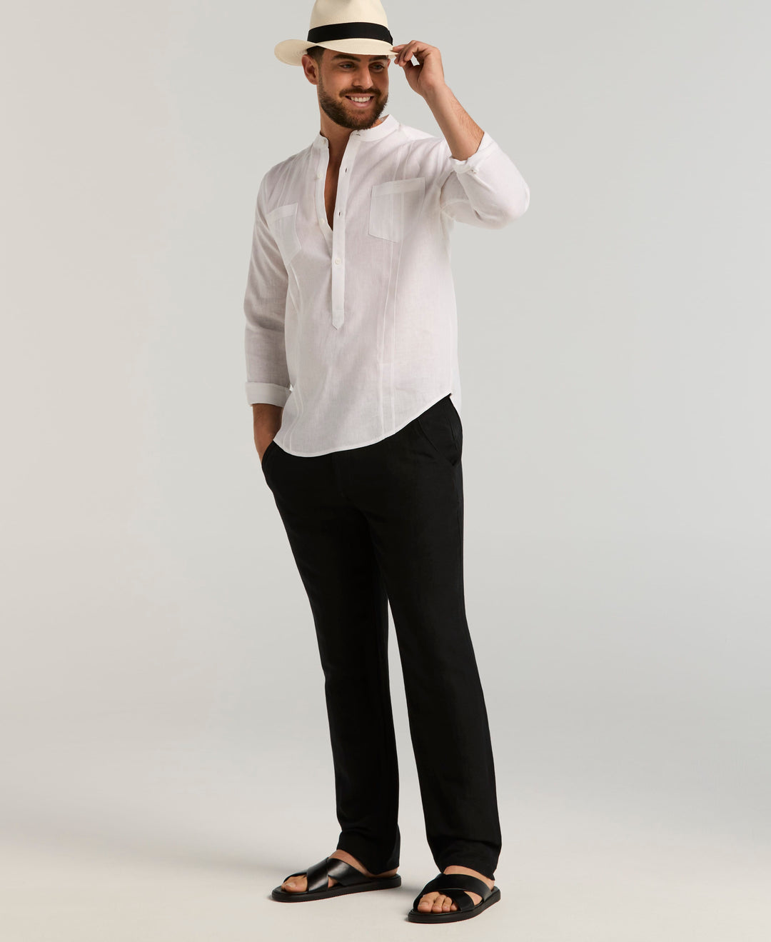 Linen Blend Drawstring Pant (Jet Black) 