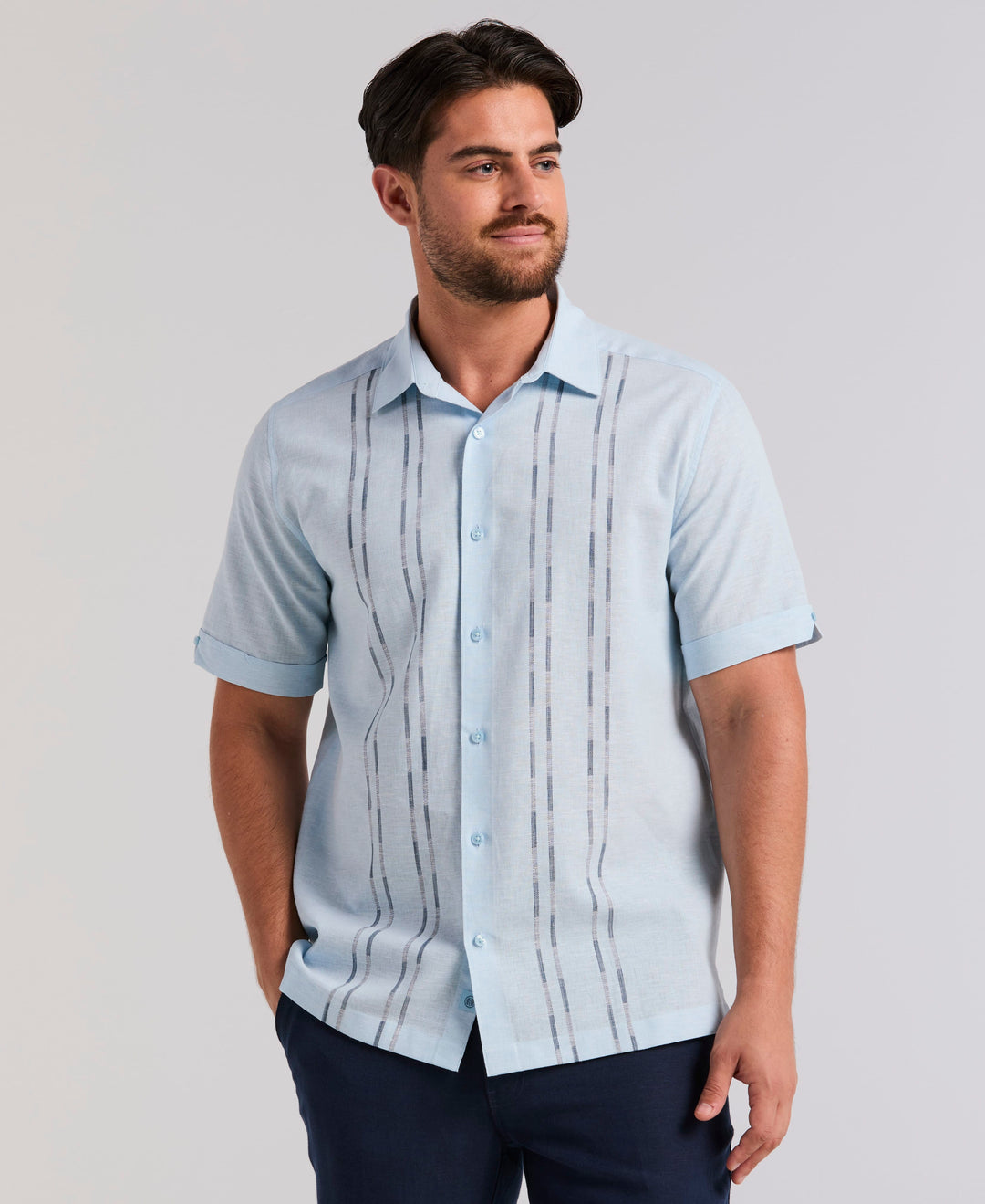 Cubavera Men's Linen Blend Dobby Panel Short Sleeve Shirt in Aquamarine, Size Medium, Cotton Blend