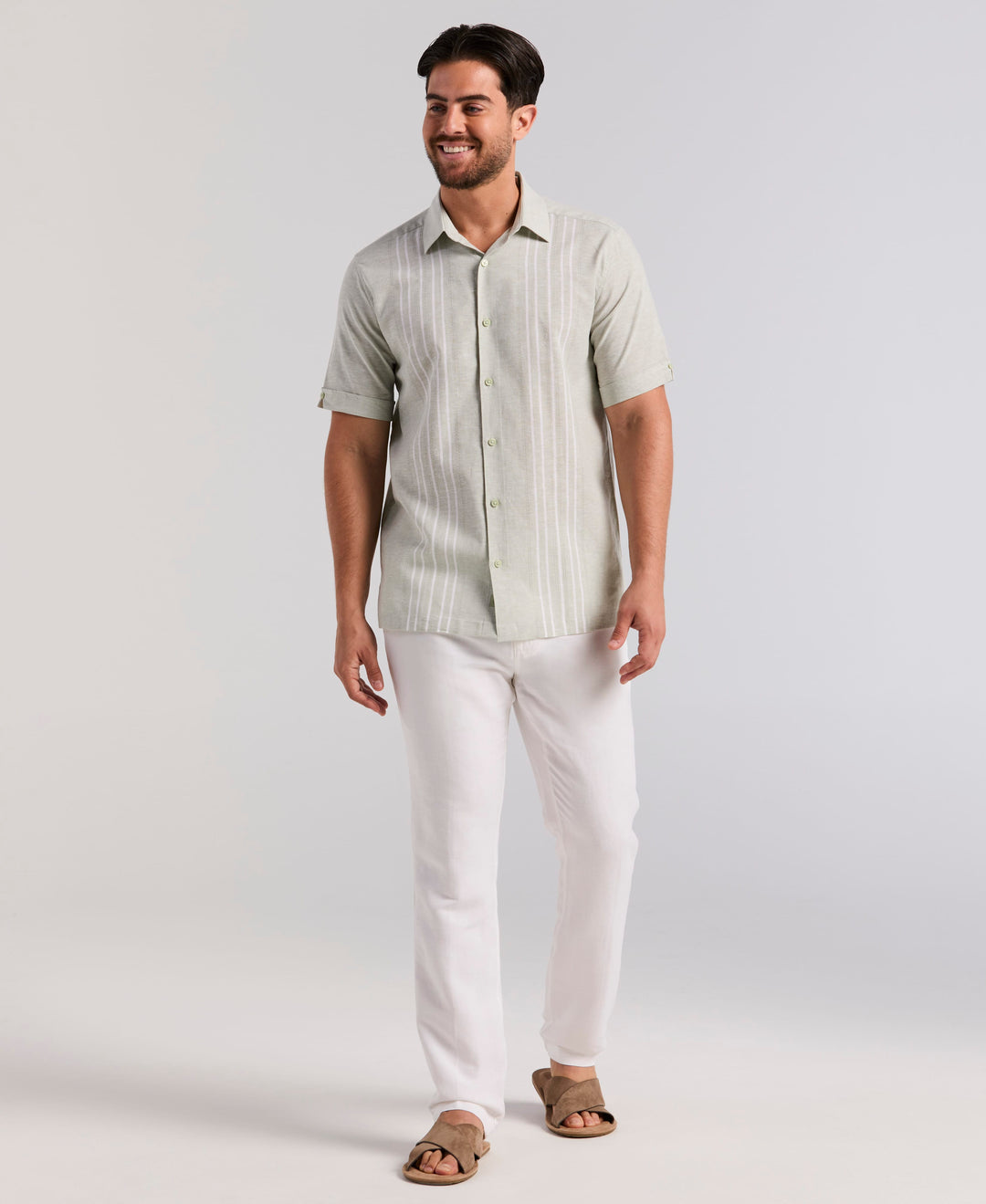 Linen Blend Dobby Panel Shirt (Smoke Green) 