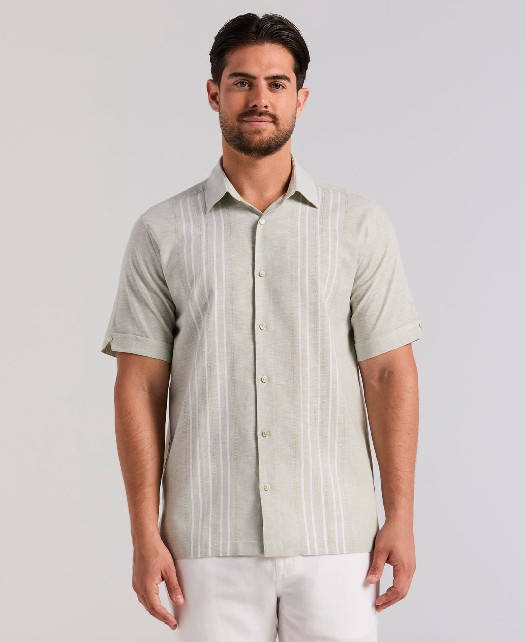 Cubavera Men's Linen Blend Dobby Panel Shirt - Smoke Green