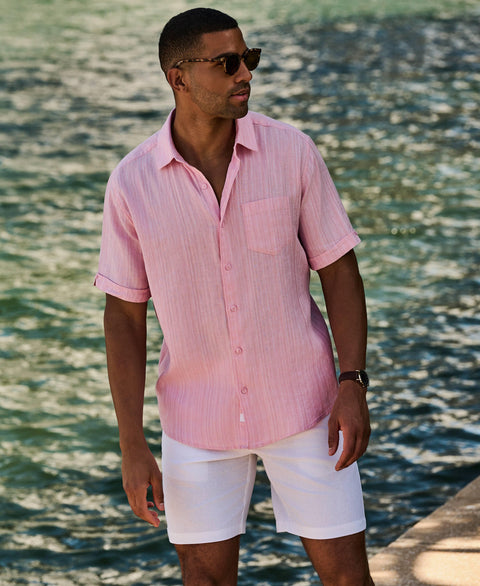Linen Blend Dobby Stripe Print Shirt-Casual Shirts-Cubavera