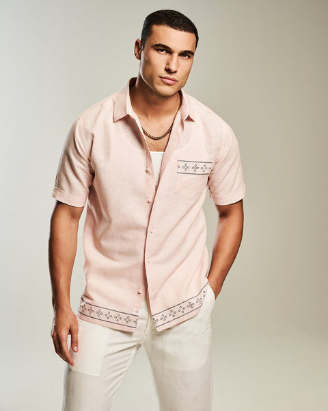 Linen Blend Embroidered Border Shirt-Casual Shirts-Cubavera