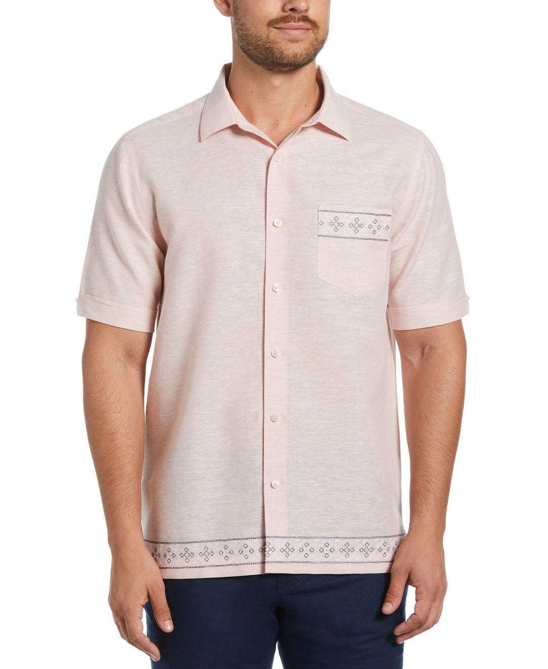 Linen Blend Embroidered Border Shirt (Coral Cloud) 