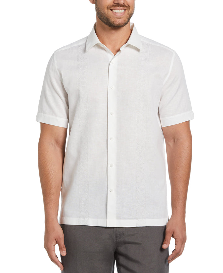 Linen Blend Embroidered Contrast Wave Panel Shirt (Brilliant White) 