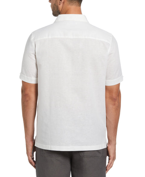 Linen Blend Embroidered Contrast Wave Panel Shirt (Brilliant White) 