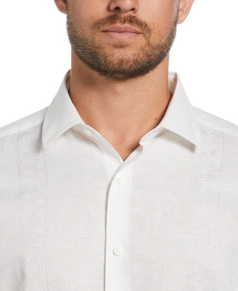 Linen Blend Embroidered Contrast Wave Panel Shirt (Brilliant White) 