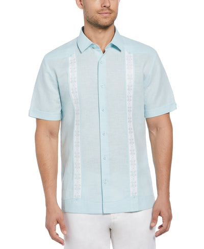 Linen Blend Embroidered Panel Guayabera Shirt (Blueglow) 