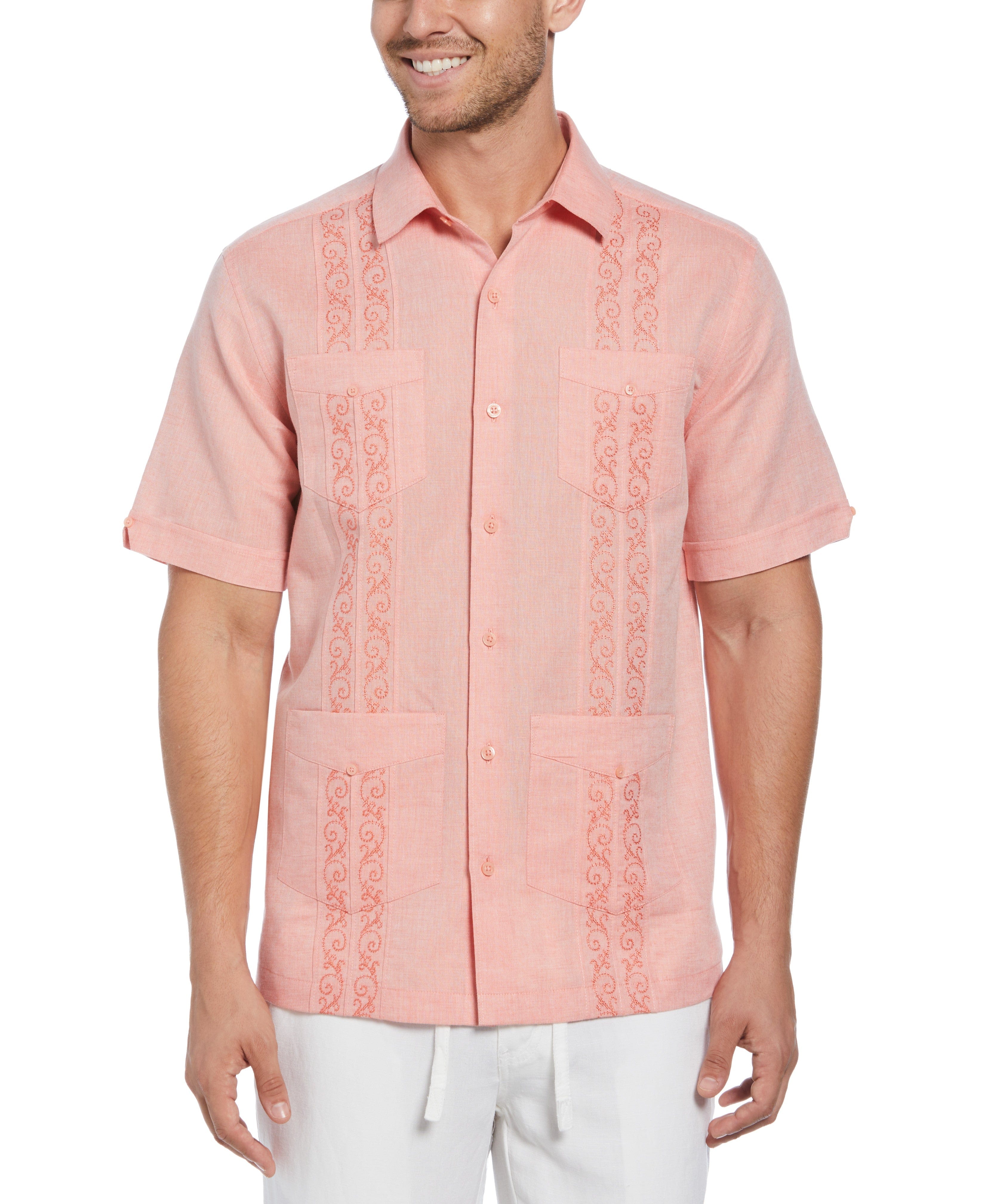 Linen Blend Embroidered Panel Guayabera Shirt – Cubavera