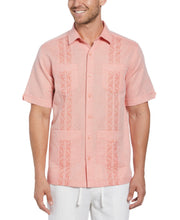 Linen Blend Embroidered Panel Guayabera Shirt (Coral) 