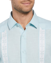 Linen Blend Embroidered Panel Guayabera Shirt (Blueglow) 