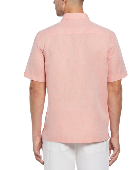 Linen Blend Embroidered Panel Guayabera Shirt (Coral) 