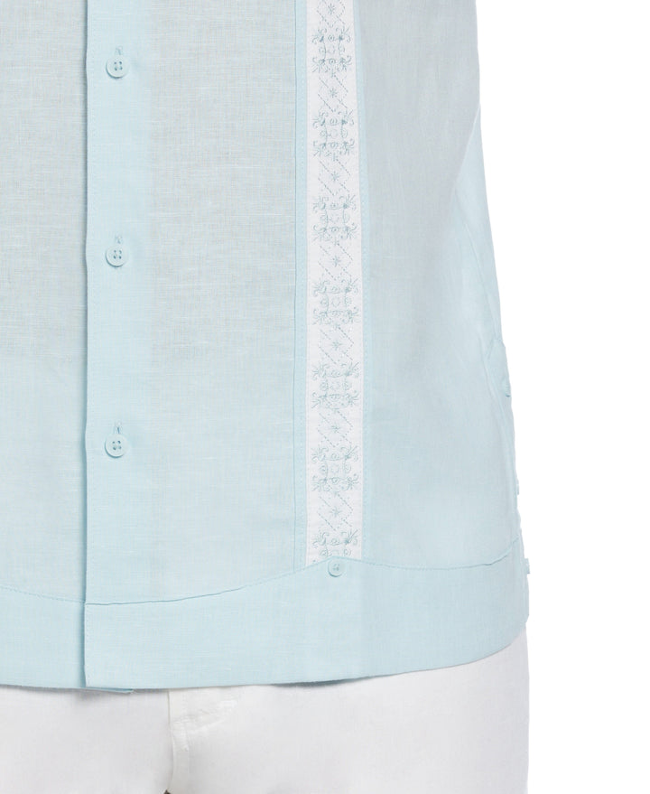 Linen Blend Embroidered Panel Guayabera Shirt (Blueglow) 
