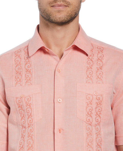 Linen Blend Embroidered Panel Guayabera Shirt (Coral) 